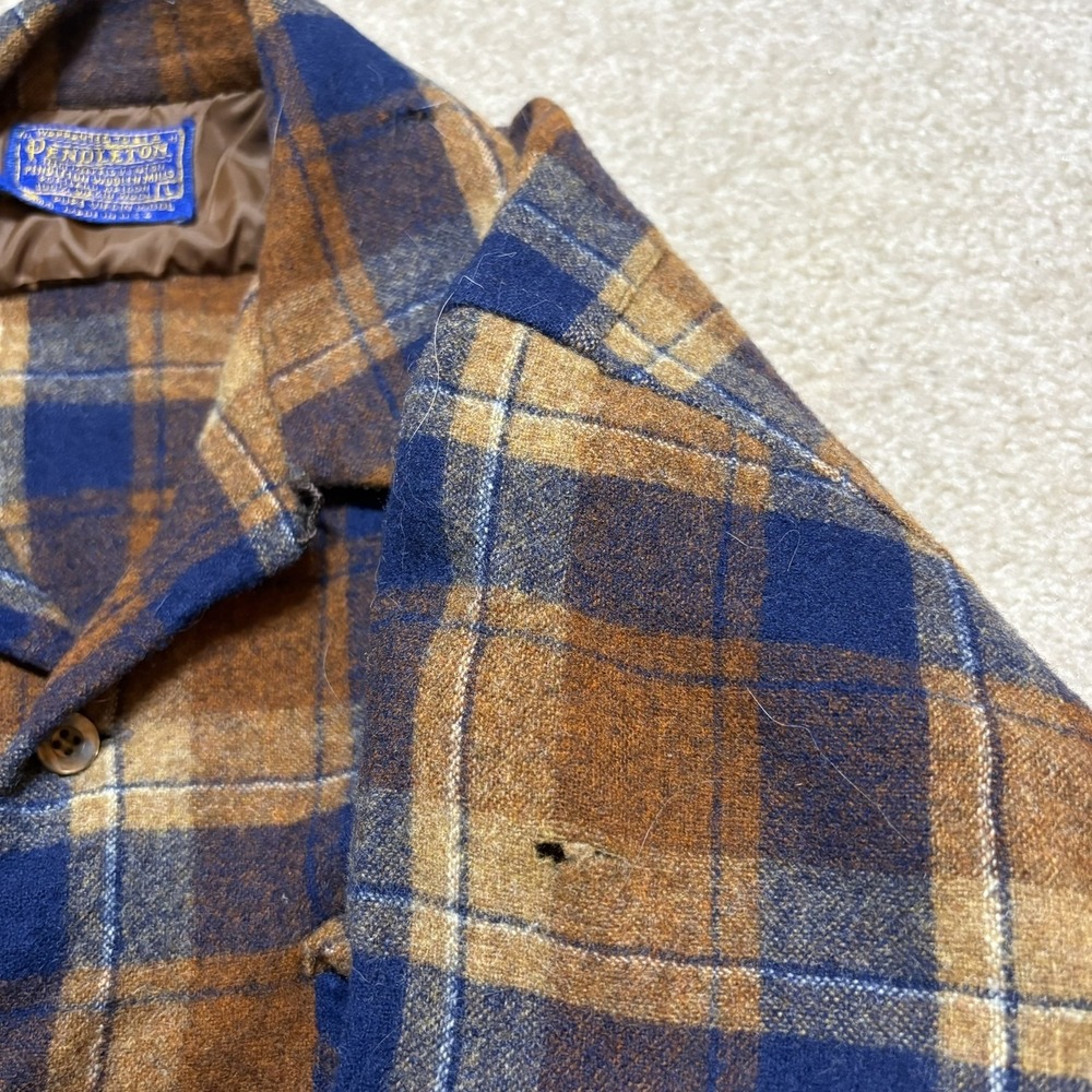 Vtg Pendleton Shirt Mens Large Brown Plaid Wool Flannel Loop Collar Made USA 60s - Picture 10 of 12